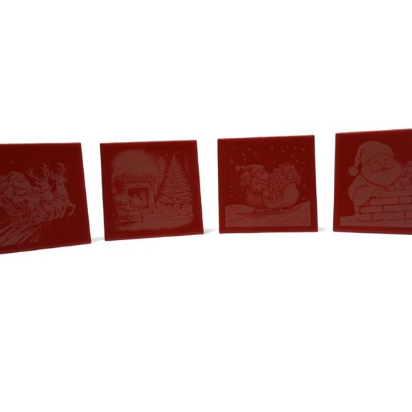 CHRISTMAS Tile Ceramic Engraved Santa Sleigh And Fireplace Scenes Set of 4 - Picture 9 of 9